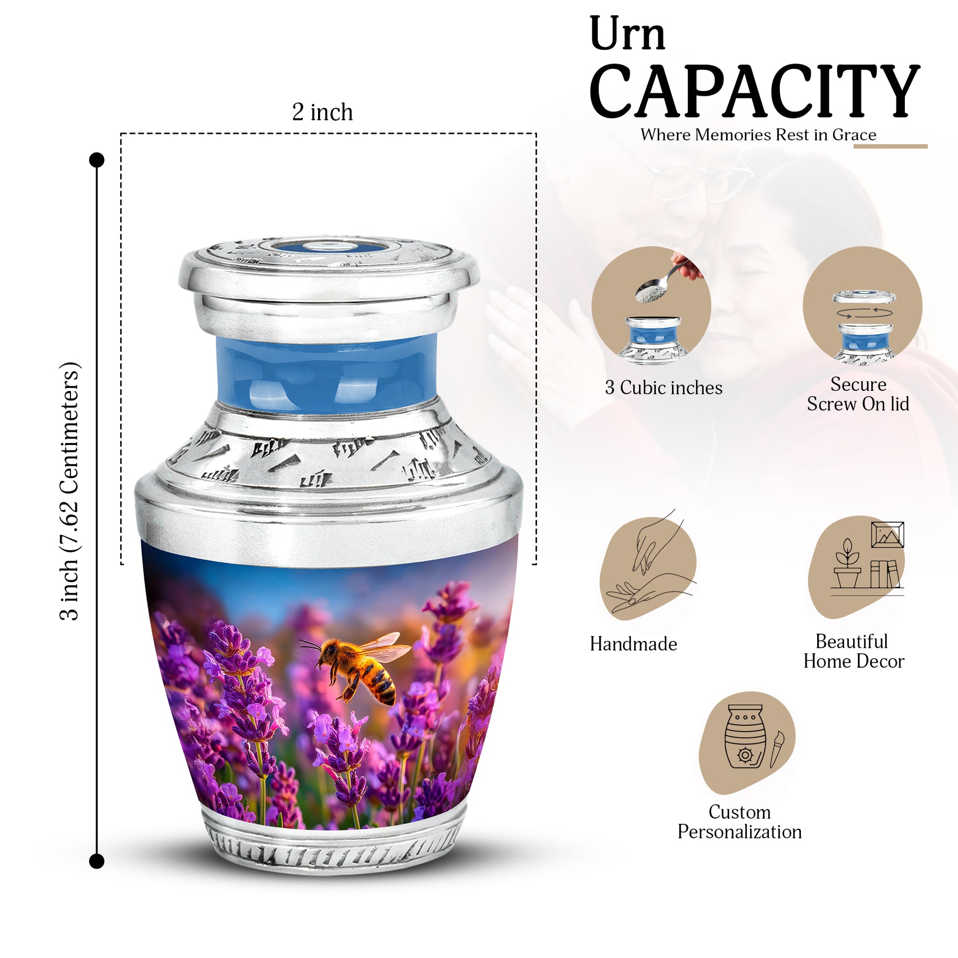 Soft Blue Bee Cremation Urn top-down view of secure threaded lid - artistic bee interpretation with creative detail - mini keepsake memorial for portion of cremation ashes
