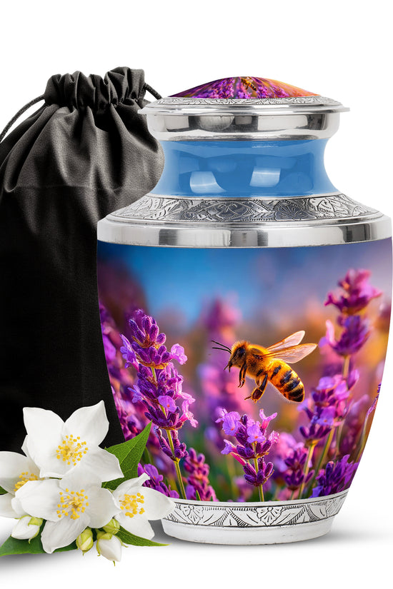 Pastel Blue Bee Cremation Urn side profile showing urn shape - modern art-inspired bee motif on sleek aluminum - full-size 10 inch 200 cubic inch adult cremation urn