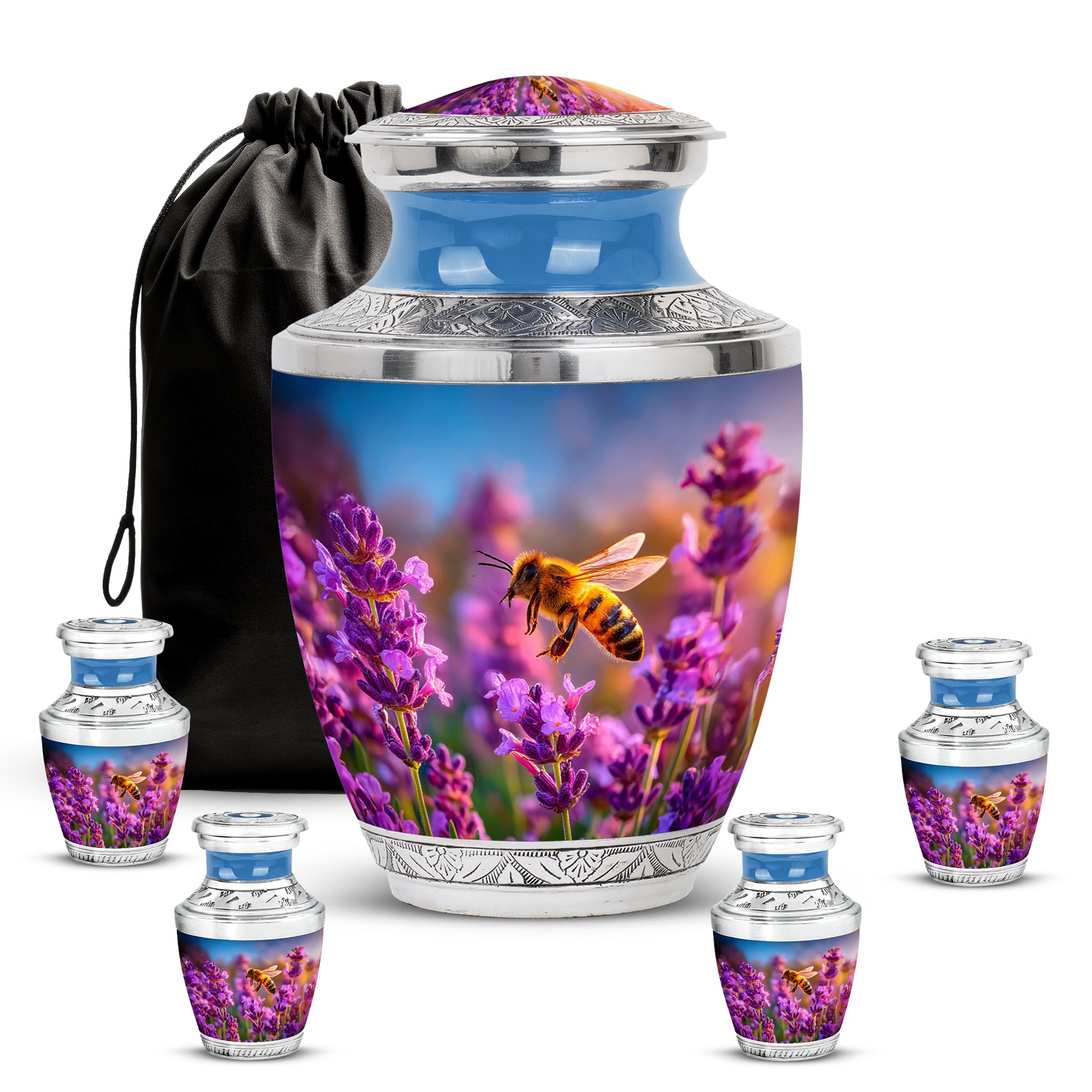 Indigo Bee Cremation Urn lifestyle display on memorial shelf - modern art-inspired bee motif on sleek aluminum - memorial set with one large and four small urns