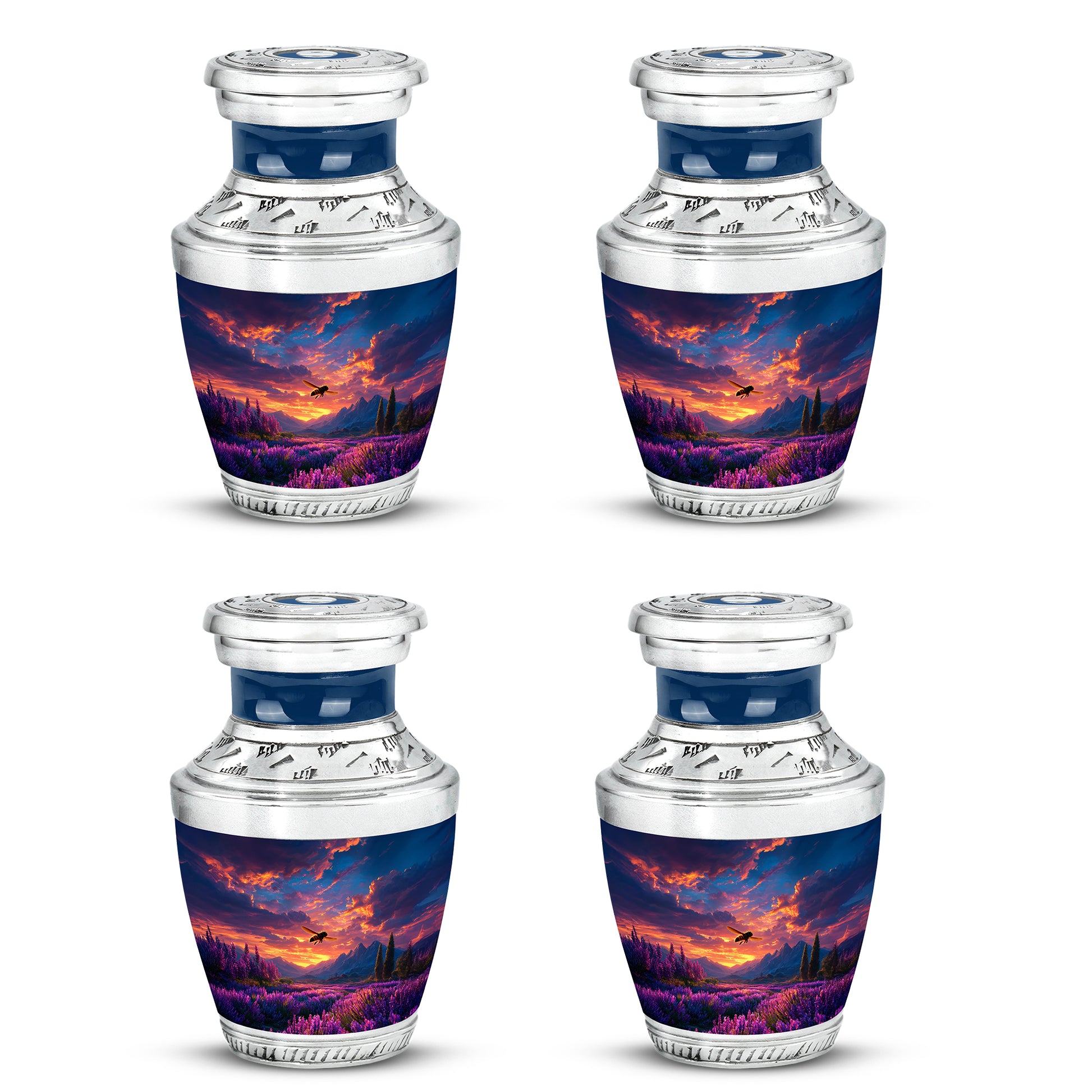 Twilight Blue Bee Cremation Urn back view with polished surface - artistic bee interpretation with creative detail - 10 inch aluminum urn for cremated remains