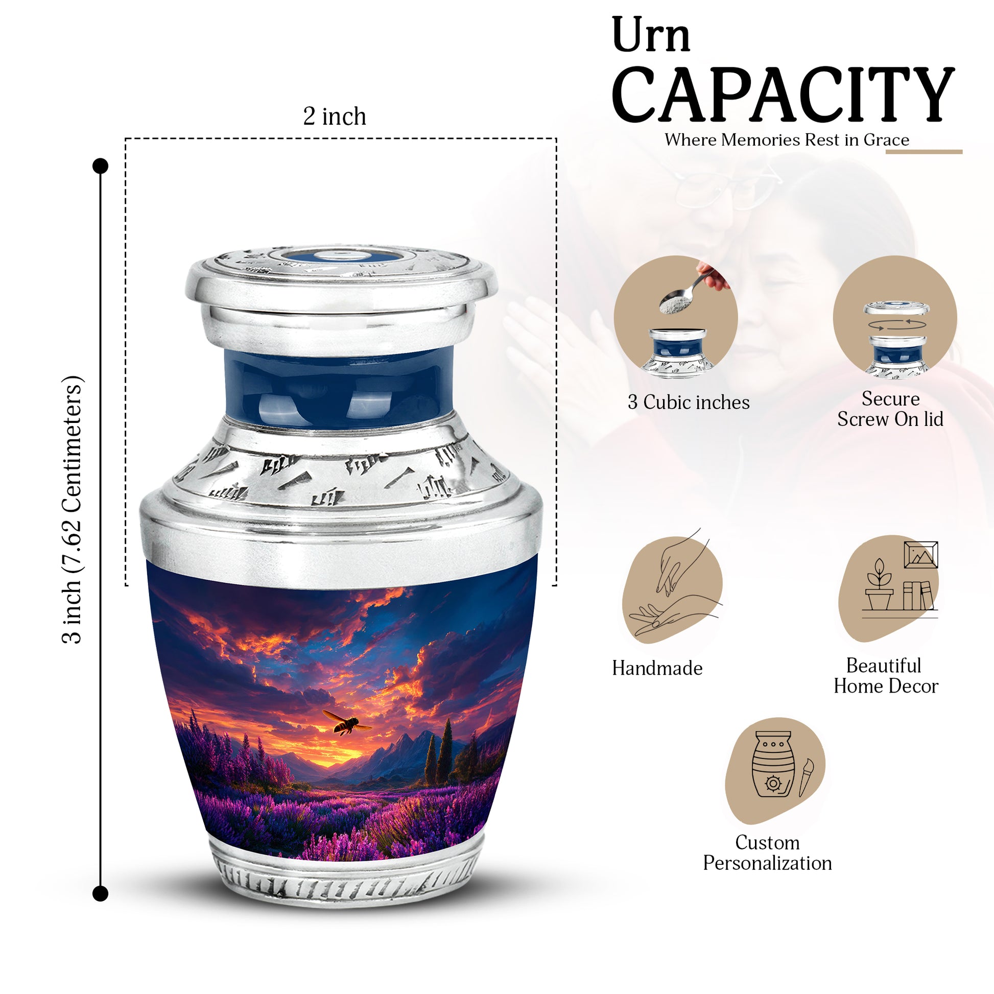 Slate Blue Bee Cremation Urn top-down view of secure threaded lid - contemporary bee design with modern artistic flair - mini keepsake memorial for portion of cremation ashes