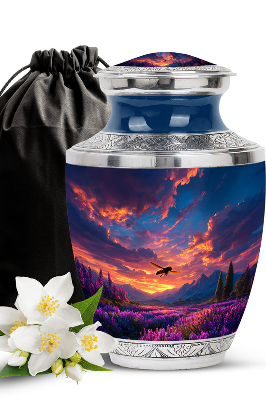 Royal Blue Bee Cremation Urn side profile showing urn shape - stylized abstract bee pattern with bold lines - full-size 10 inch 200 cubic inch adult cremation urn