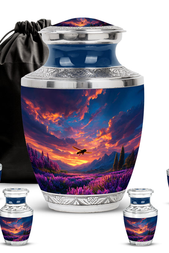 Cobalt Blue Bee Cremation Urn lifestyle display on memorial shelf - stylized abstract bee pattern with bold lines - memorial set with one large and four small urns