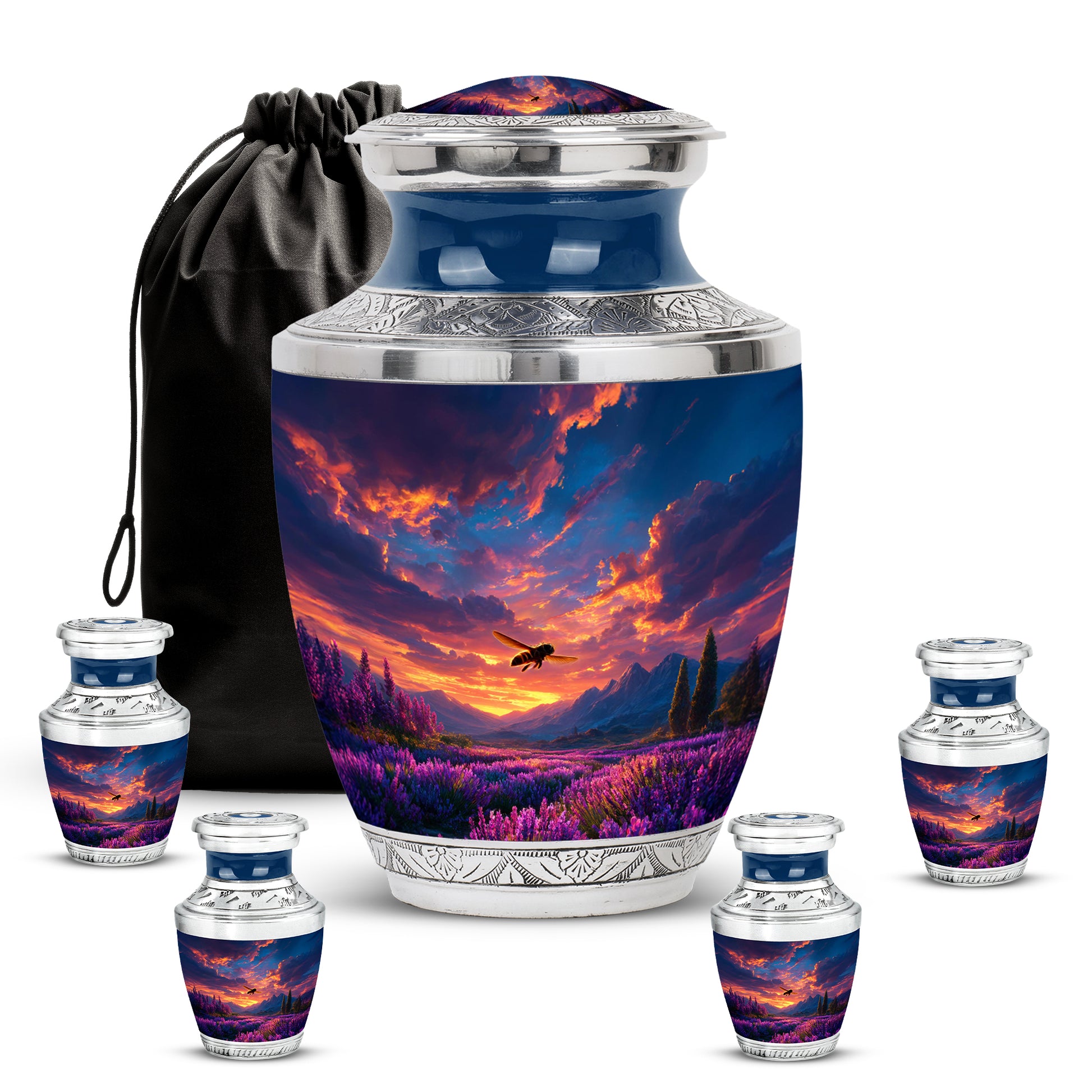 Cobalt Blue Bee Cremation Urn lifestyle display on memorial shelf - stylized abstract bee pattern with bold lines - memorial set with one large and four small urns