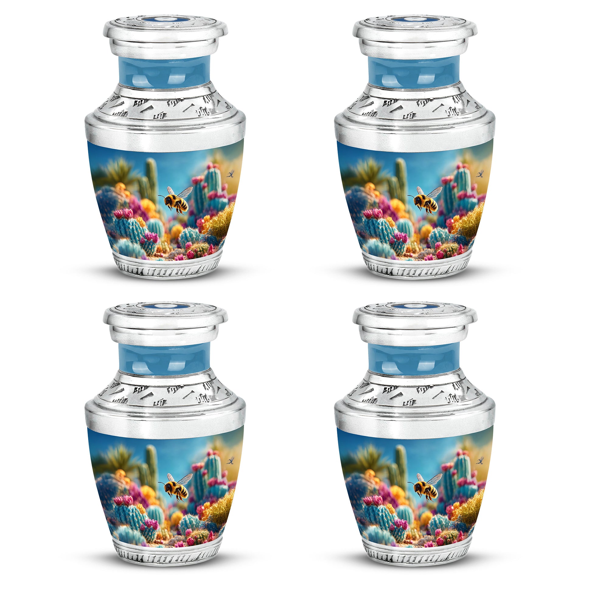 Bright Blue Bee Cremation Urn back view with polished surface - stylized abstract bee pattern with bold lines - 10 inch aluminum urn for cremated remains
