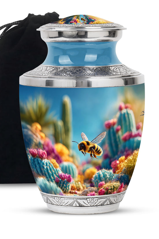Navy Blue Bee Cremation Urn side profile showing urn shape - contemporary bee design with modern artistic flair - full-size 10 inch 200 cubic inch adult cremation urn