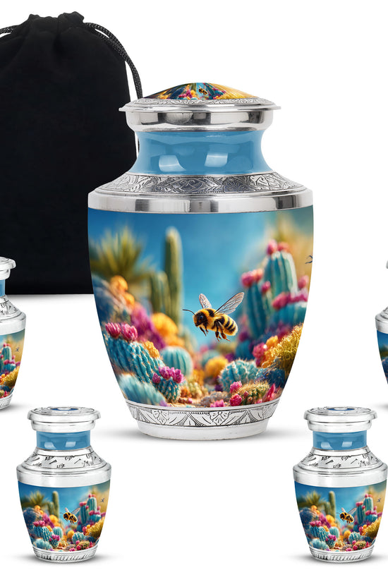 Serene Blue Bee Cremation Urn lifestyle display on memorial shelf - artistic bee interpretation with creative detail - memorial set with one large and four small urns
