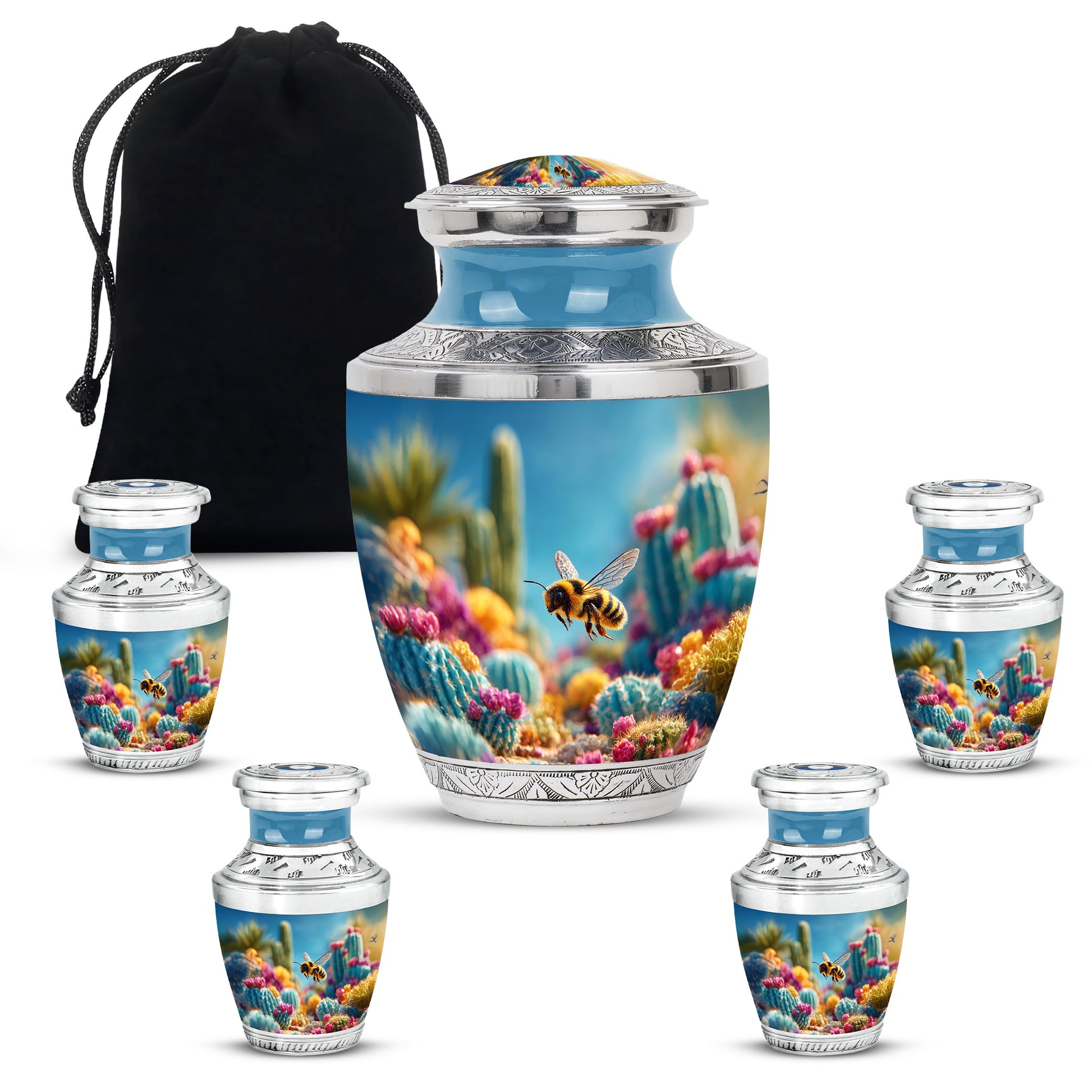 Serene Blue Bee Cremation Urn lifestyle display on memorial shelf - artistic bee interpretation with creative detail - memorial set with one large and four small urns