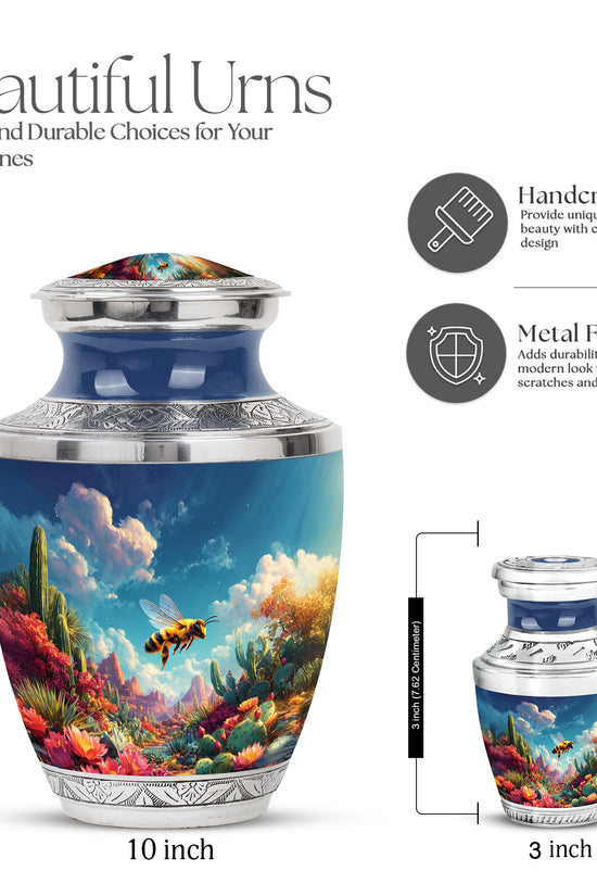Twilight Blue Bee Cremation Urn top-down view of secure threaded lid - artistic bee interpretation with creative detail - mini keepsake memorial for portion of cremation ashes