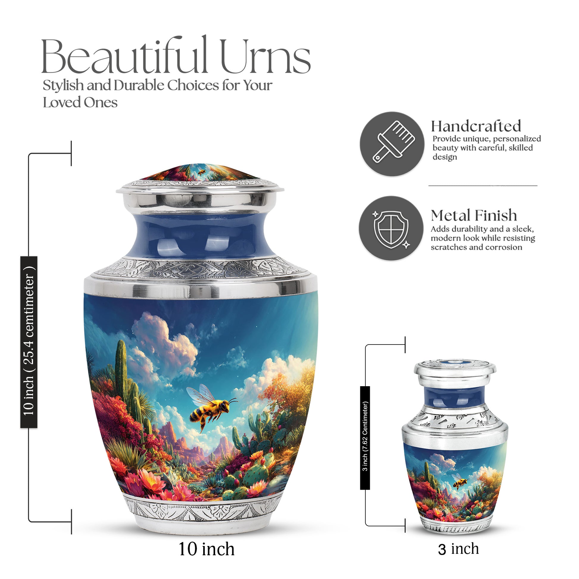 Twilight Blue Bee Cremation Urn top-down view of secure threaded lid - artistic bee interpretation with creative detail - mini keepsake memorial for portion of cremation ashes