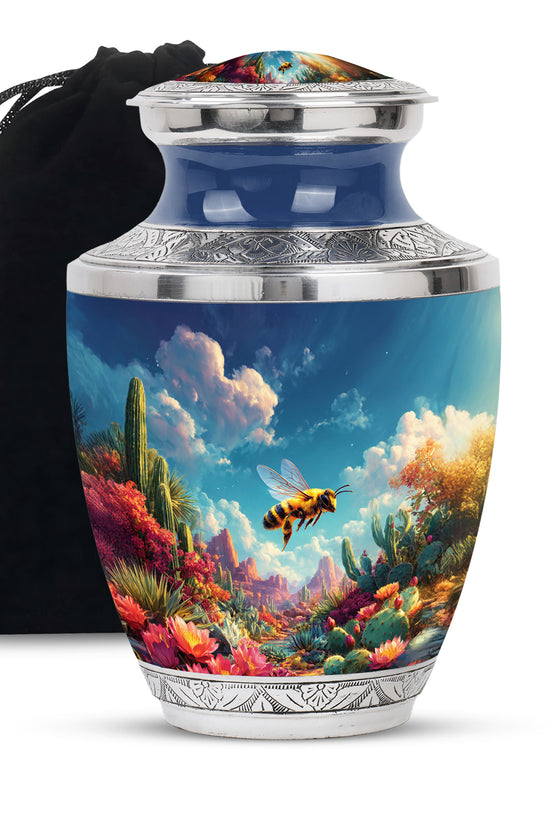 Bright Blue Bee Cremation Urn side profile showing urn shape - stylized abstract bee pattern with bold lines - full-size 10 inch 200 cubic inch adult cremation urn