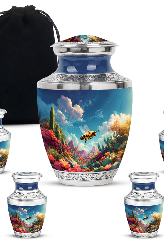 Misty Blue Bee Cremation Urn lifestyle display on memorial shelf - contemporary bee design with modern artistic flair - memorial set with one large and four small urns