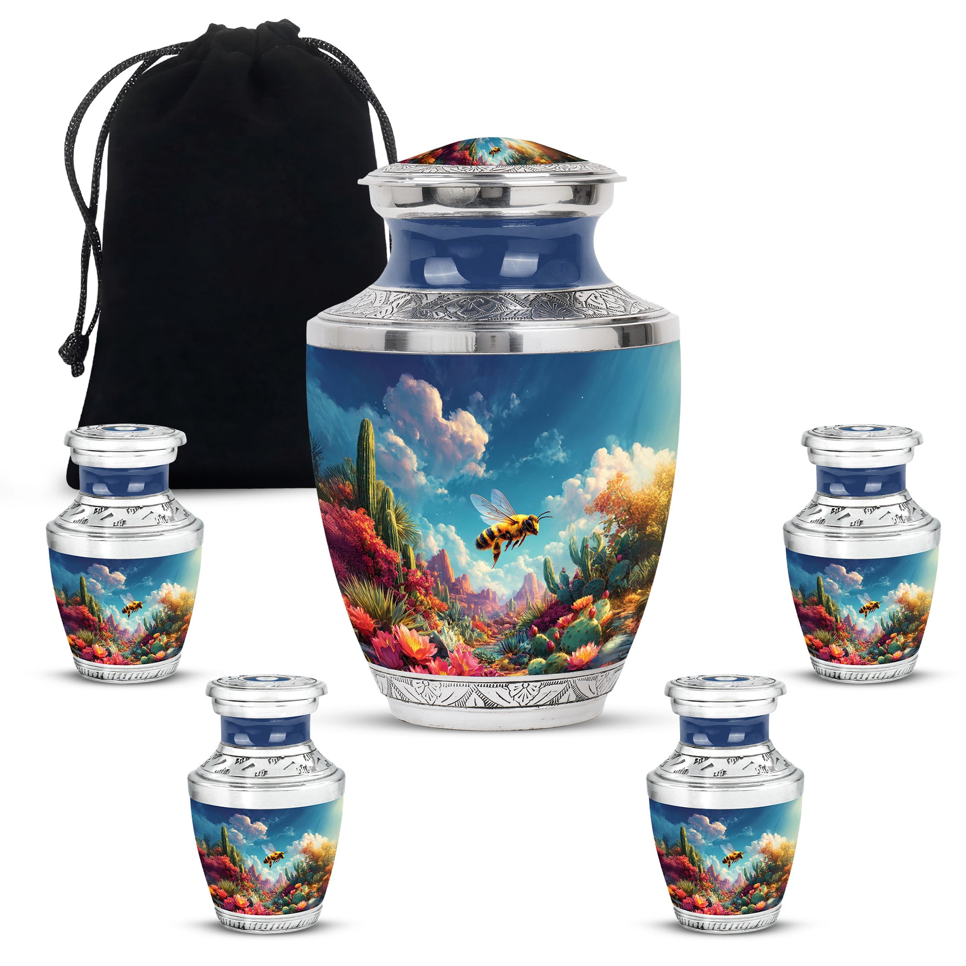 Misty Blue Bee Cremation Urn lifestyle display on memorial shelf - contemporary bee design with modern artistic flair - memorial set with one large and four small urns