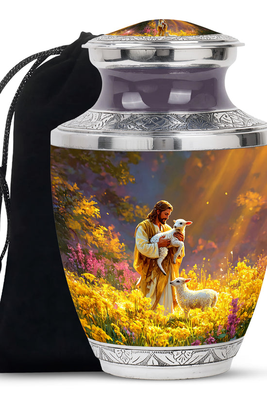 Jesus Holding Lamb Memorial Urn - Religious Cremation Urn For Human Ashes