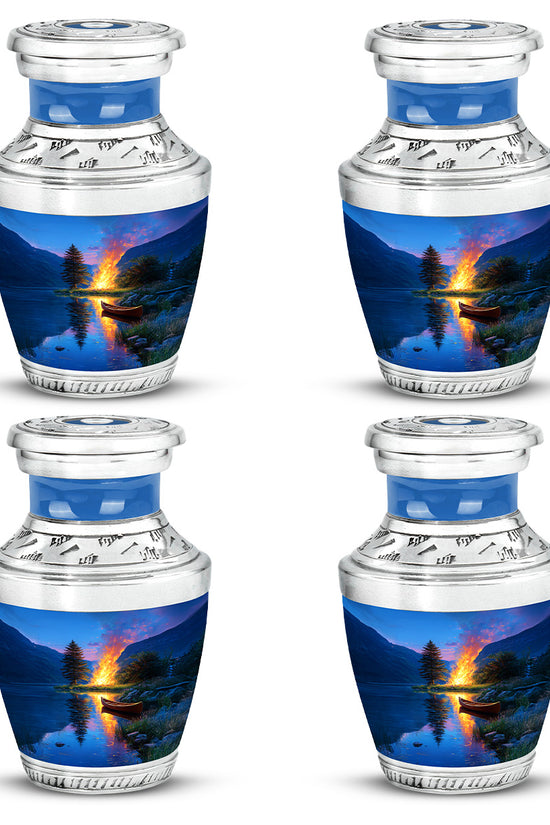 Celestial Blue Campfire Cremation Urn back view with polished surface - modern art-inspired campfire motif on sleek aluminum - 10 inch aluminum urn for cremated remains