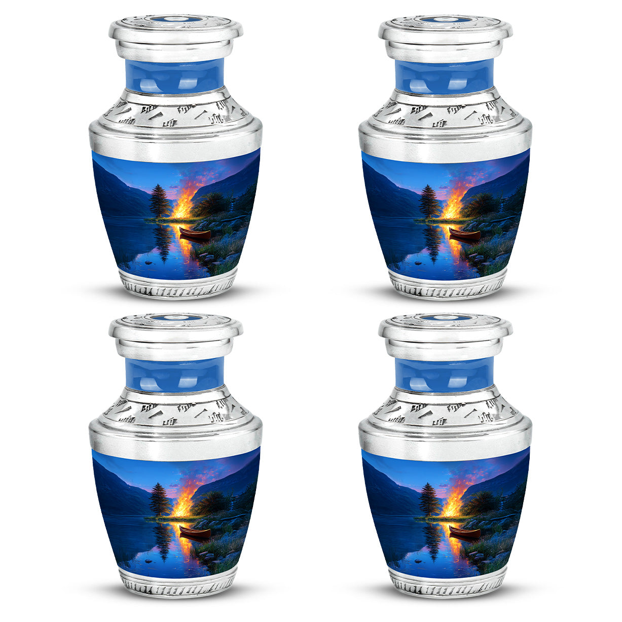 Celestial Blue Campfire Cremation Urn back view with polished surface - modern art-inspired campfire motif on sleek aluminum - 10 inch aluminum urn for cremated remains