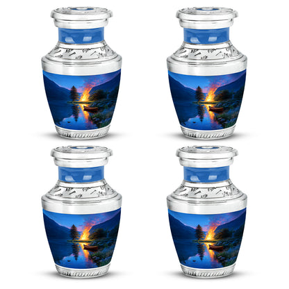 Celestial Blue Campfire Cremation Urn back view with polished surface - modern art-inspired campfire motif on sleek aluminum - 10 inch aluminum urn for cremated remains