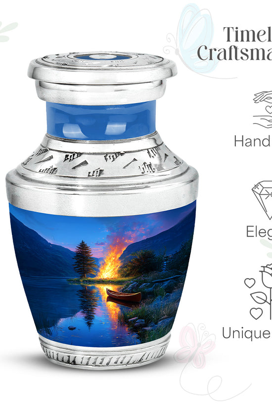 Dusty Blue Campfire Cremation Urn top-down view of secure threaded lid - modern art-inspired campfire motif on sleek aluminum - mini keepsake memorial for portion of cremation ashes