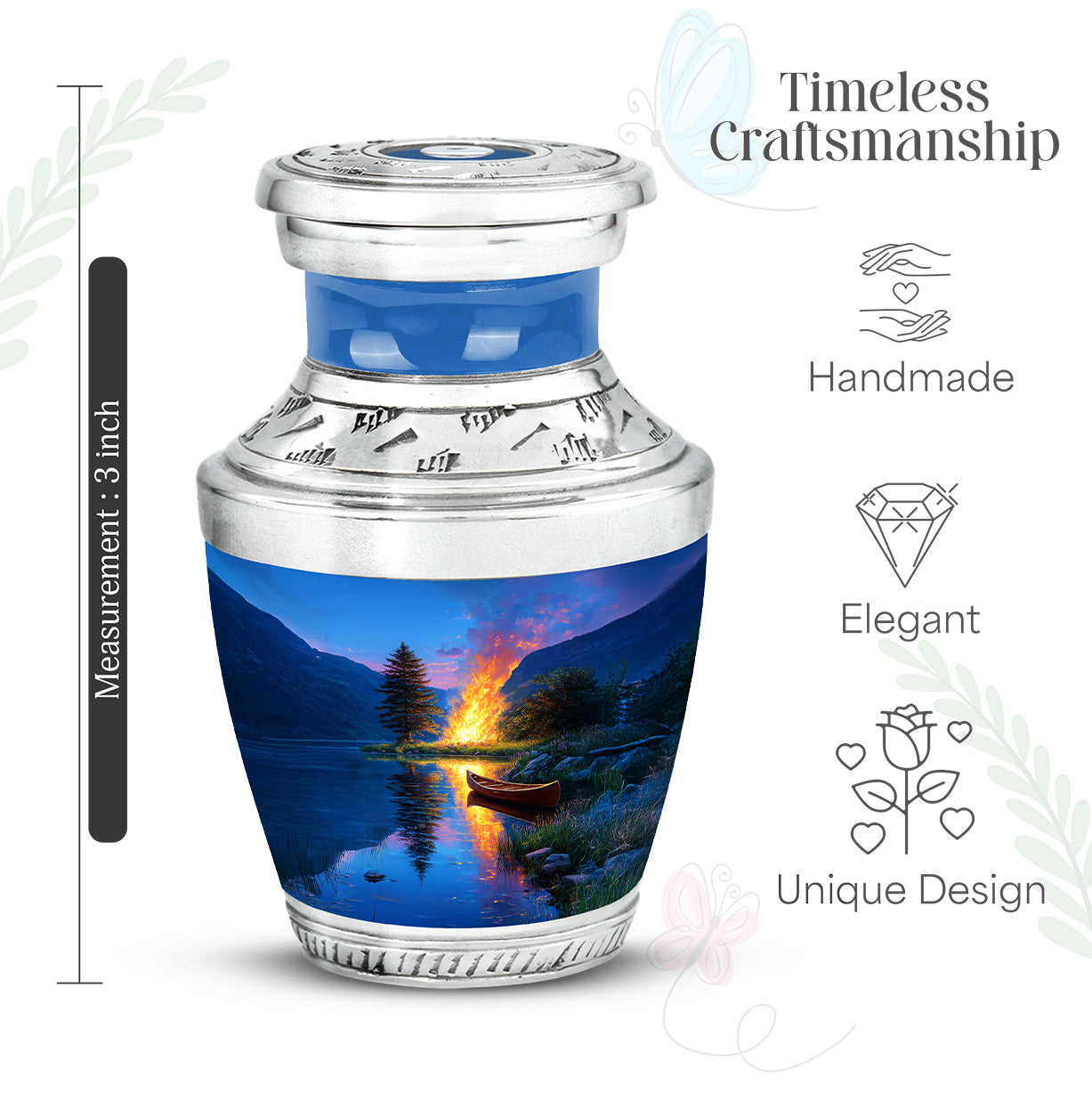 Dusty Blue Campfire Cremation Urn top-down view of secure threaded lid - modern art-inspired campfire motif on sleek aluminum - mini keepsake memorial for portion of cremation ashes