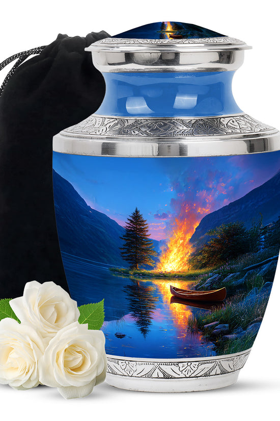 Powder Blue Campfire Cremation Urn side profile showing urn shape - contemporary campfire design with modern artistic flair - full-size 10 inch 200 cubic inch adult cremation urn