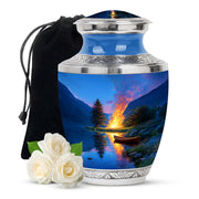 Powder Blue Campfire Cremation Urn side profile showing urn shape - contemporary campfire design with modern artistic flair - full-size 10 inch 200 cubic inch adult cremation urn