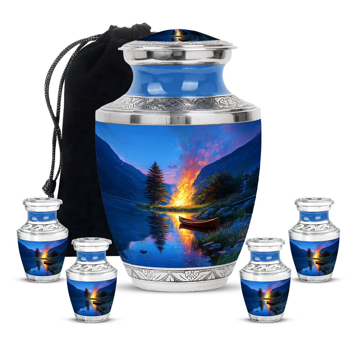 Icy Blue Campfire Cremation Urn lifestyle display on memorial shelf - modern art-inspired campfire motif on sleek aluminum - memorial set with one large and four small urns