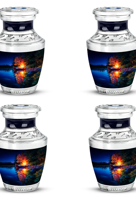 Powder Blue Campfire Cremation Urn back view with polished surface - contemporary campfire design with modern artistic flair - 10 inch aluminum urn for cremated remains