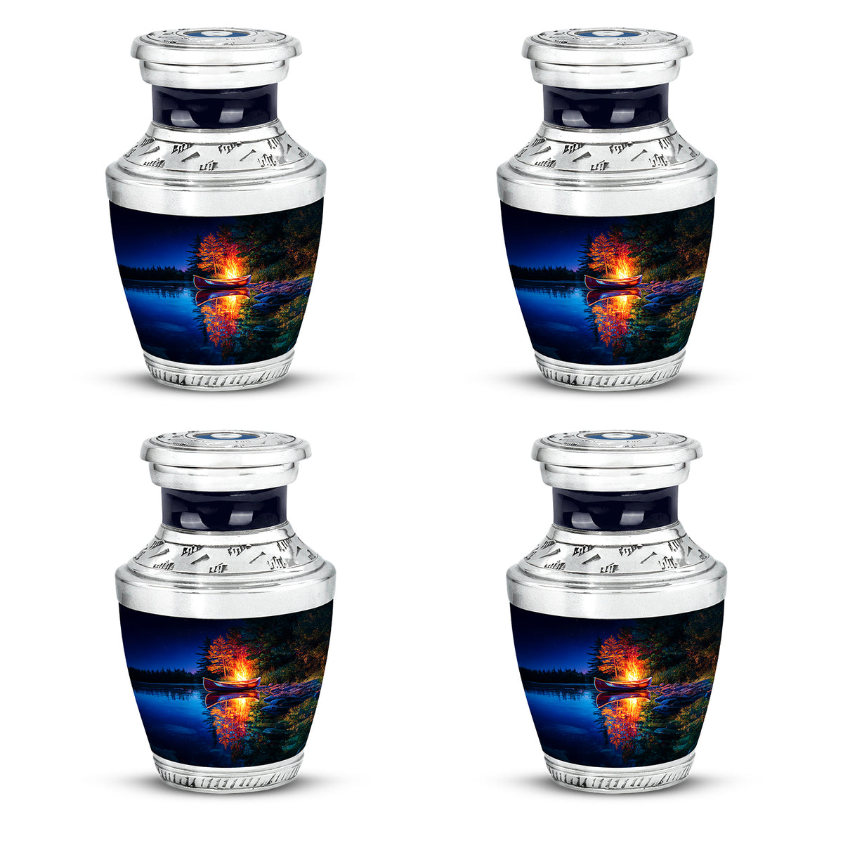 Powder Blue Campfire Cremation Urn back view with polished surface - contemporary campfire design with modern artistic flair - 10 inch aluminum urn for cremated remains