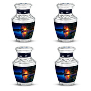 Powder Blue Campfire Cremation Urn back view with polished surface - contemporary campfire design with modern artistic flair - 10 inch aluminum urn for cremated remains