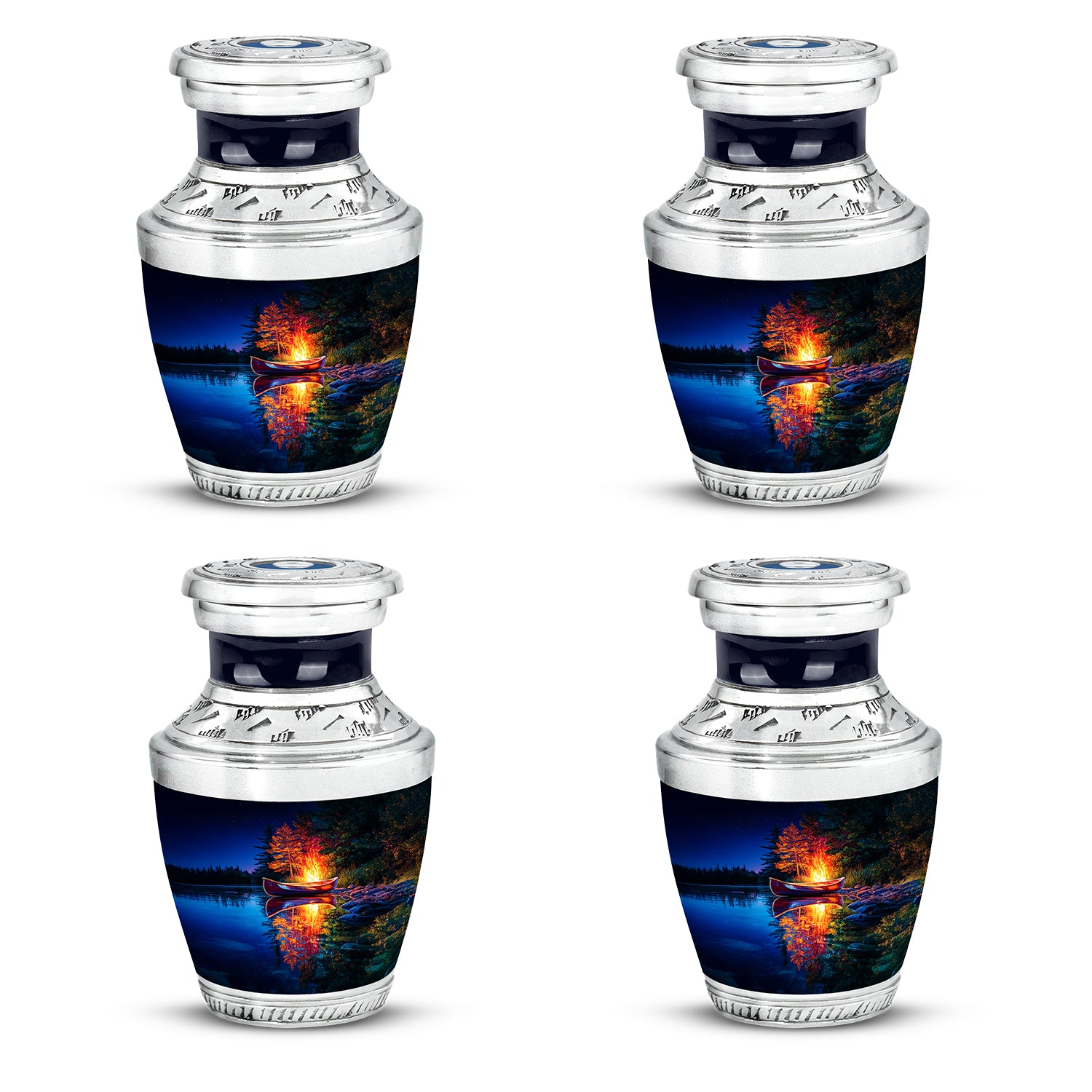Powder Blue Campfire Cremation Urn back view with polished surface - contemporary campfire design with modern artistic flair - 10 inch aluminum urn for cremated remains