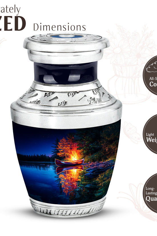 Soft Blue Campfire Cremation Urn top-down view of secure threaded lid - stylized abstract campfire pattern with bold lines - mini keepsake memorial for portion of cremation ashes