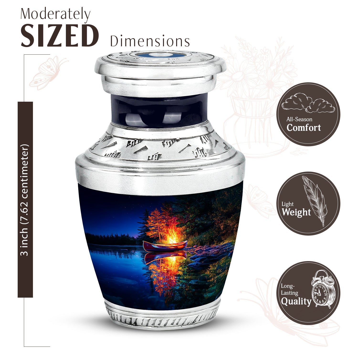 Soft Blue Campfire Cremation Urn top-down view of secure threaded lid - stylized abstract campfire pattern with bold lines - mini keepsake memorial for portion of cremation ashes