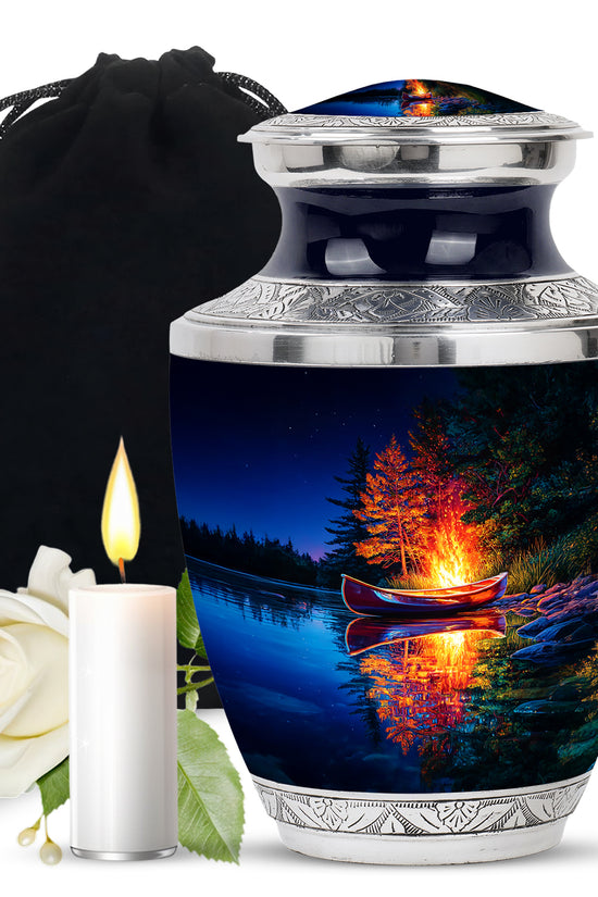 Cobalt Blue Campfire Cremation Urn side profile showing urn shape - artistic campfire interpretation with creative detail - full-size 10 inch 200 cubic inch adult cremation urn