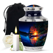 Cobalt Blue Campfire Cremation Urn side profile showing urn shape - artistic campfire interpretation with creative detail - full-size 10 inch 200 cubic inch adult cremation urn