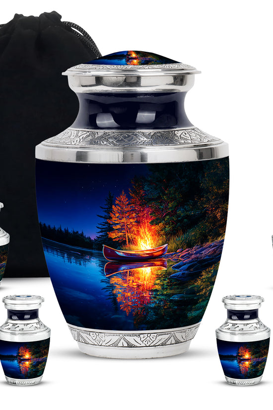 Azure Campfire Cremation Urn lifestyle display on memorial shelf - contemporary campfire design with modern artistic flair - memorial set with one large and four small urns