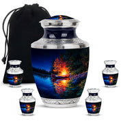 Azure Campfire Cremation Urn lifestyle display on memorial shelf - contemporary campfire design with modern artistic flair - memorial set with one large and four small urns