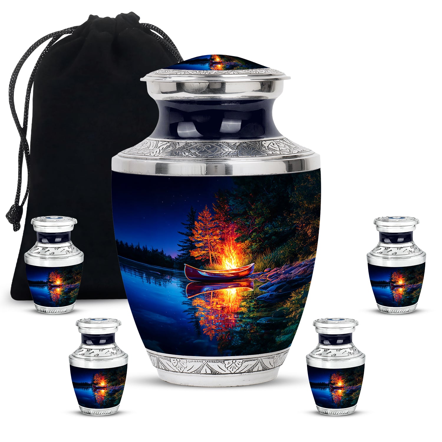 Azure Campfire Cremation Urn lifestyle display on memorial shelf - contemporary campfire design with modern artistic flair - memorial set with one large and four small urns
