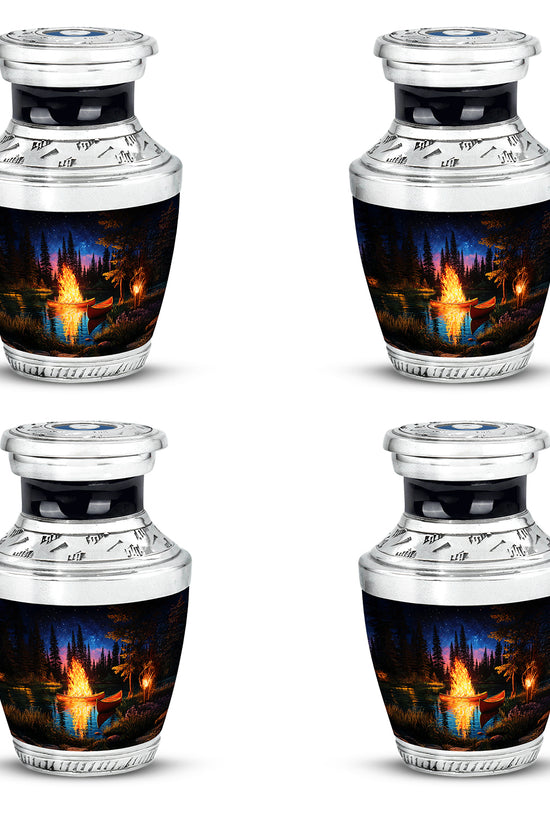 Ebony Campfire Cremation Urn back view with polished surface - modern art-inspired campfire motif on sleek aluminum - 10 inch aluminum urn for cremated remains