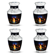 Ebony Campfire Cremation Urn back view with polished surface - modern art-inspired campfire motif on sleek aluminum - 10 inch aluminum urn for cremated remains