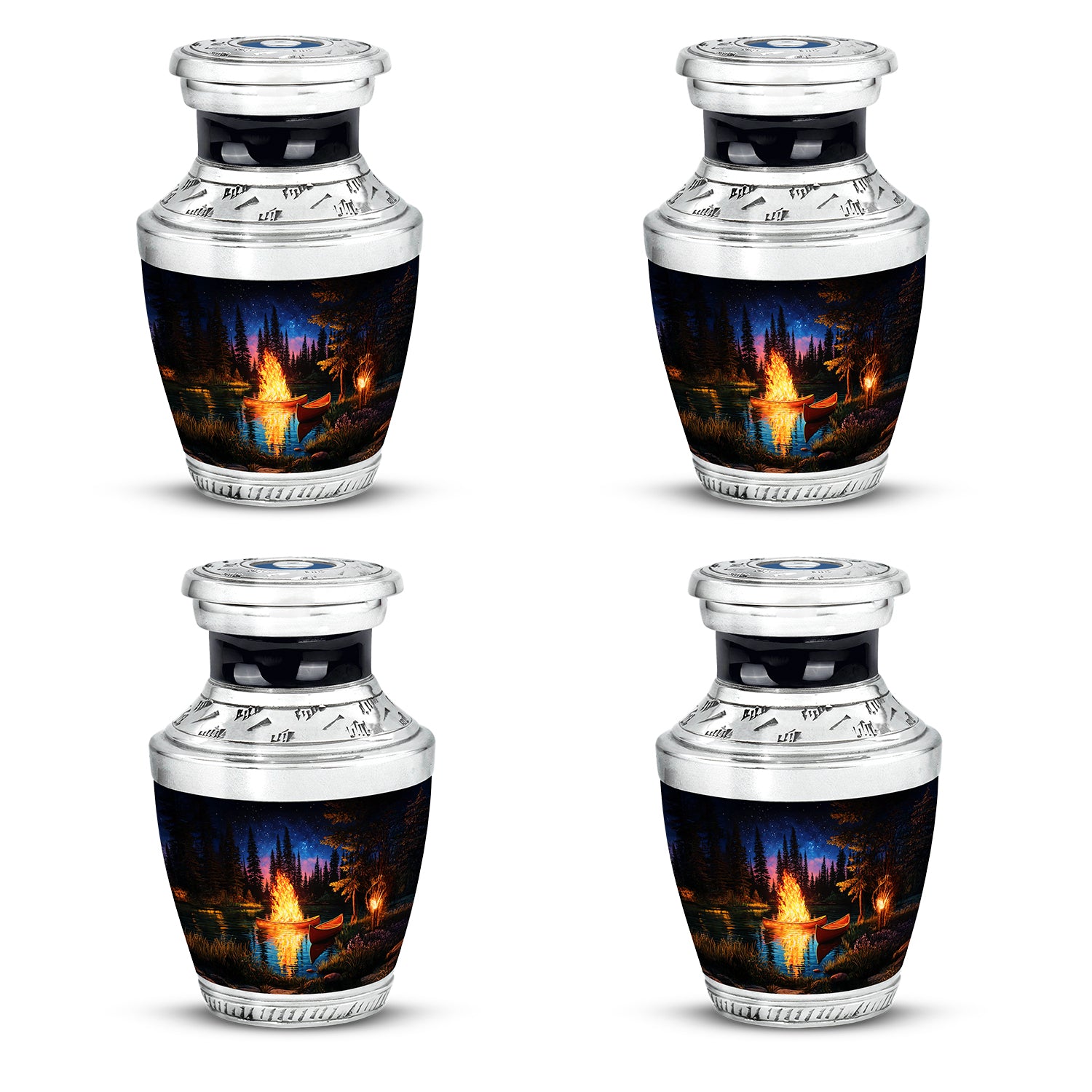 Ebony Campfire Cremation Urn back view with polished surface - modern art-inspired campfire motif on sleek aluminum - 10 inch aluminum urn for cremated remains