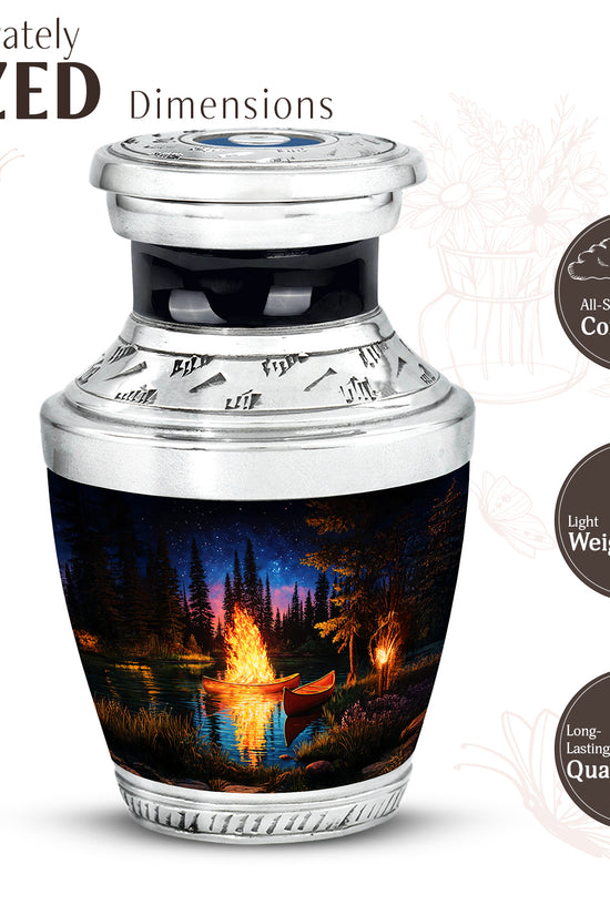 Midnight Black Campfire Cremation Urn top-down view of secure threaded lid - artistic campfire interpretation with creative detail - mini keepsake memorial for portion of cremation ashes