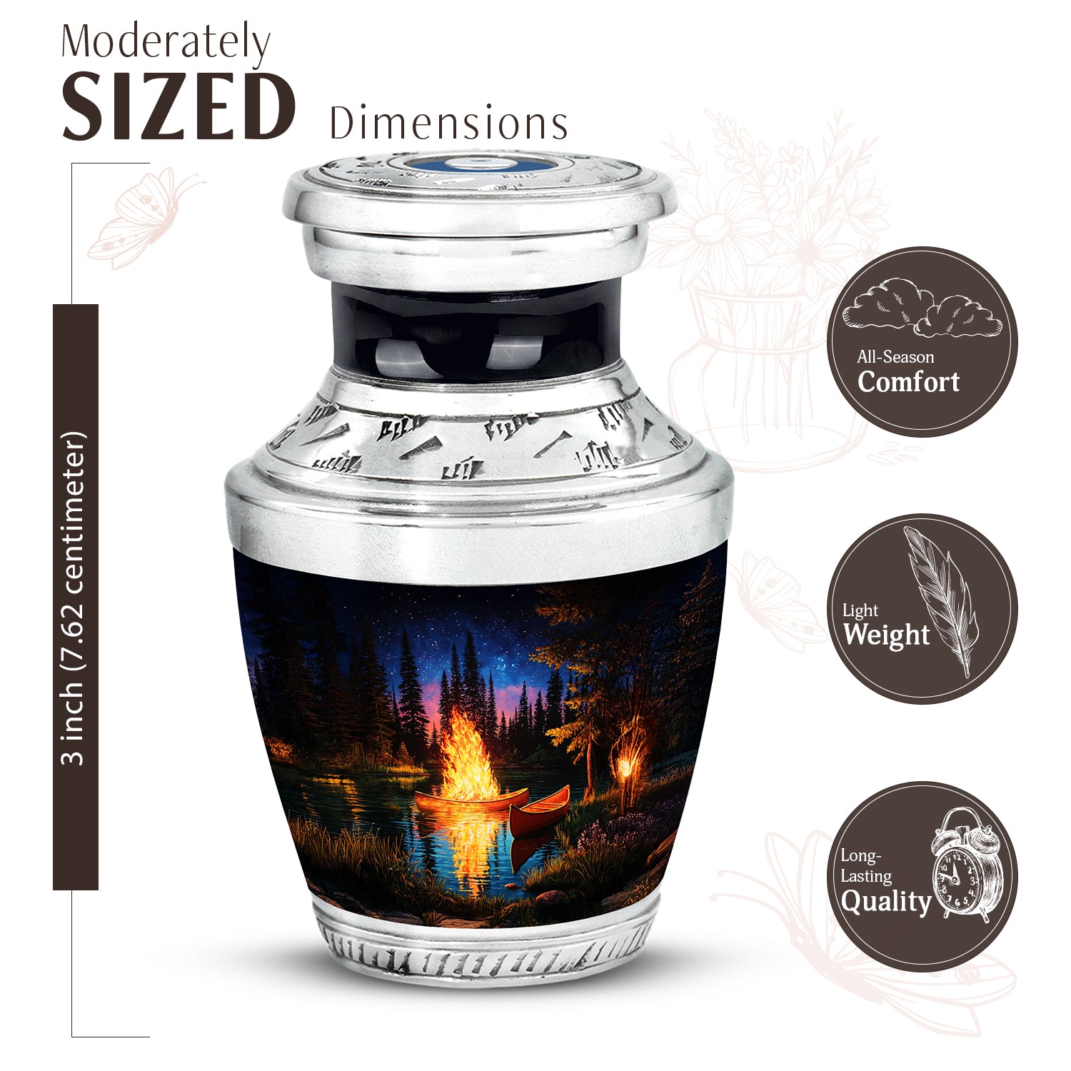 Midnight Black Campfire Cremation Urn top-down view of secure threaded lid - artistic campfire interpretation with creative detail - mini keepsake memorial for portion of cremation ashes