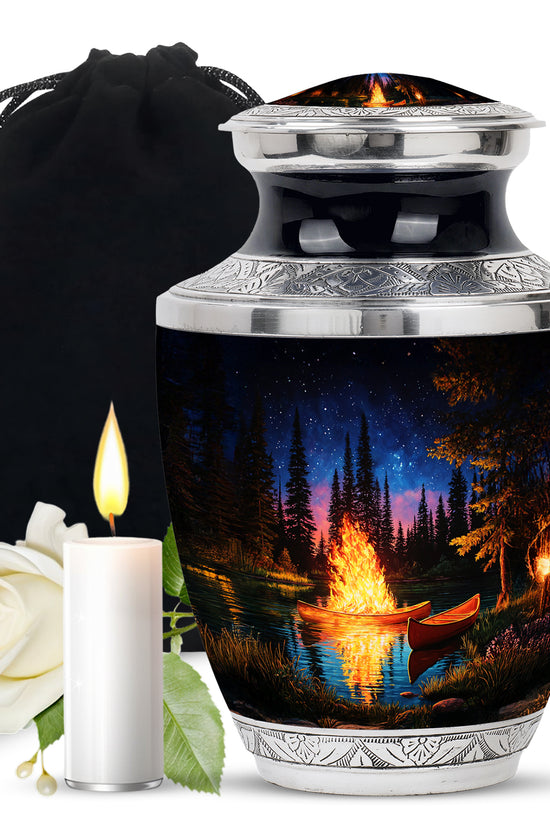 Rich Black Campfire Cremation Urn side profile showing urn shape - modern art-inspired campfire motif on sleek aluminum - full-size 10 inch 200 cubic inch adult cremation urn