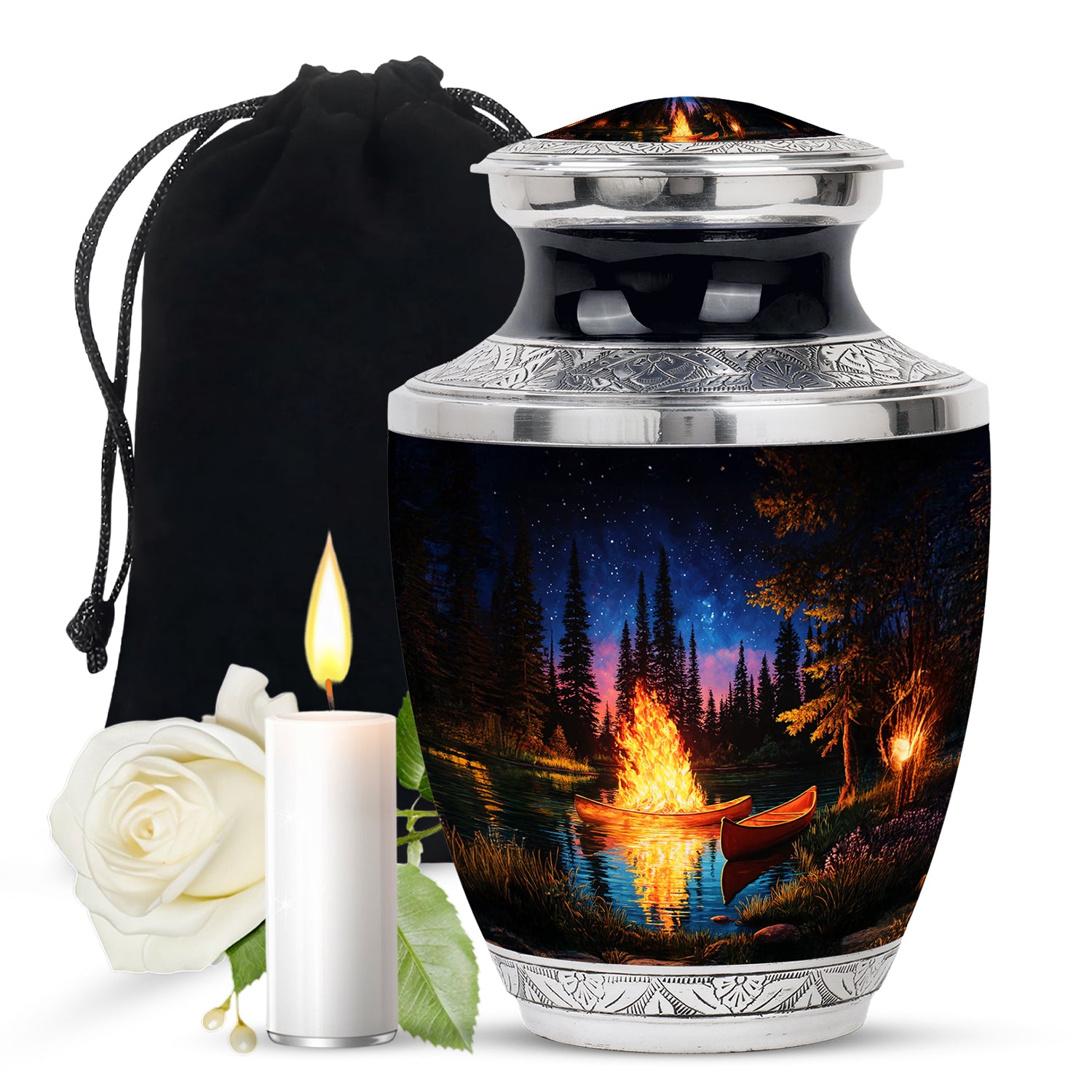 Rich Black Campfire Cremation Urn side profile showing urn shape - modern art-inspired campfire motif on sleek aluminum - full-size 10 inch 200 cubic inch adult cremation urn