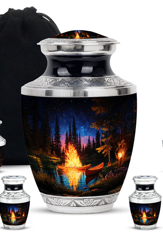 Glossy Black Campfire Cremation Urn lifestyle display on memorial shelf - contemporary campfire design with modern artistic flair - memorial set with one large and four small urns