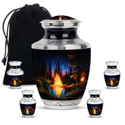 Glossy Black Campfire Cremation Urn lifestyle display on memorial shelf - contemporary campfire design with modern artistic flair - memorial set with one large and four small urns