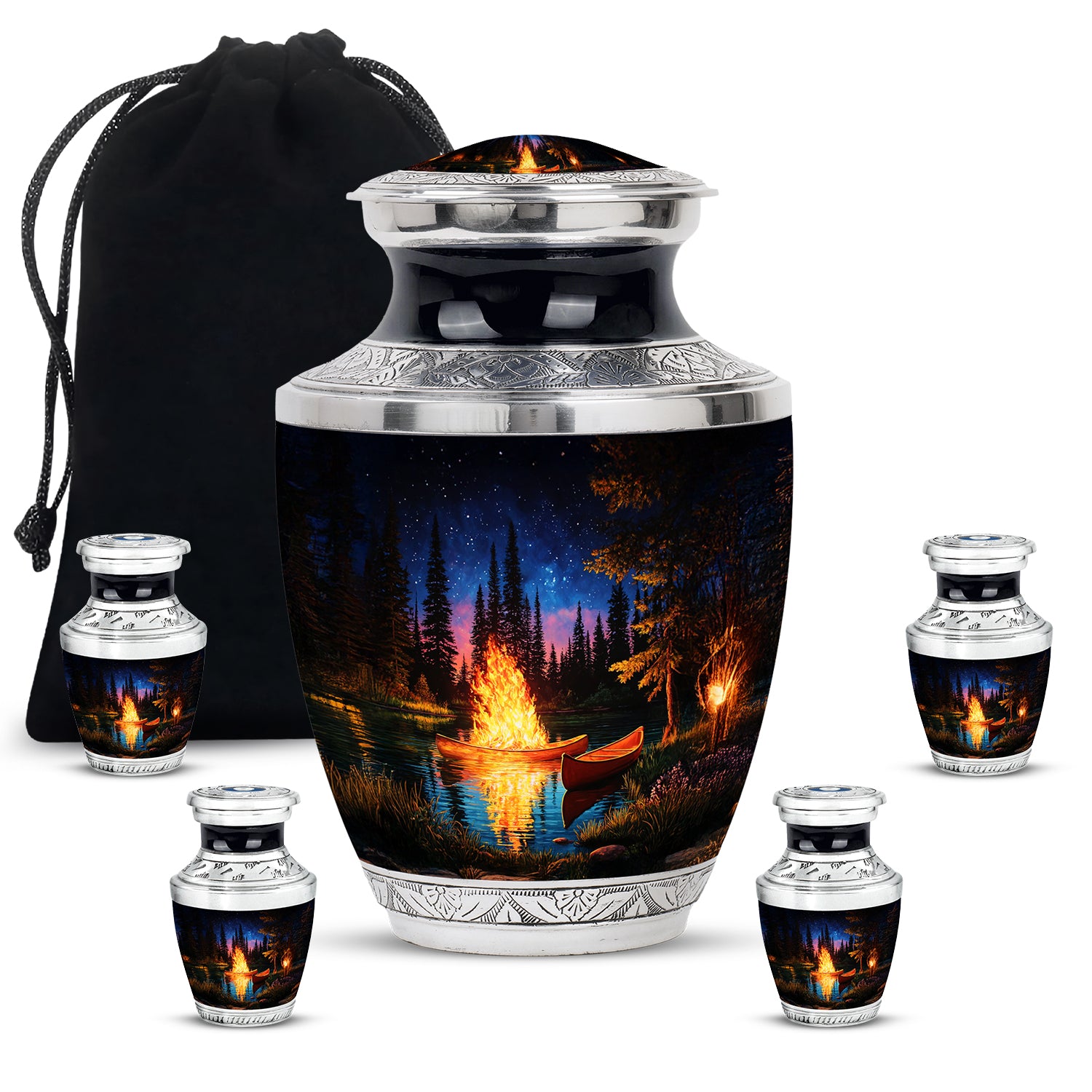 Glossy Black Campfire Cremation Urn lifestyle display on memorial shelf - contemporary campfire design with modern artistic flair - memorial set with one large and four small urns