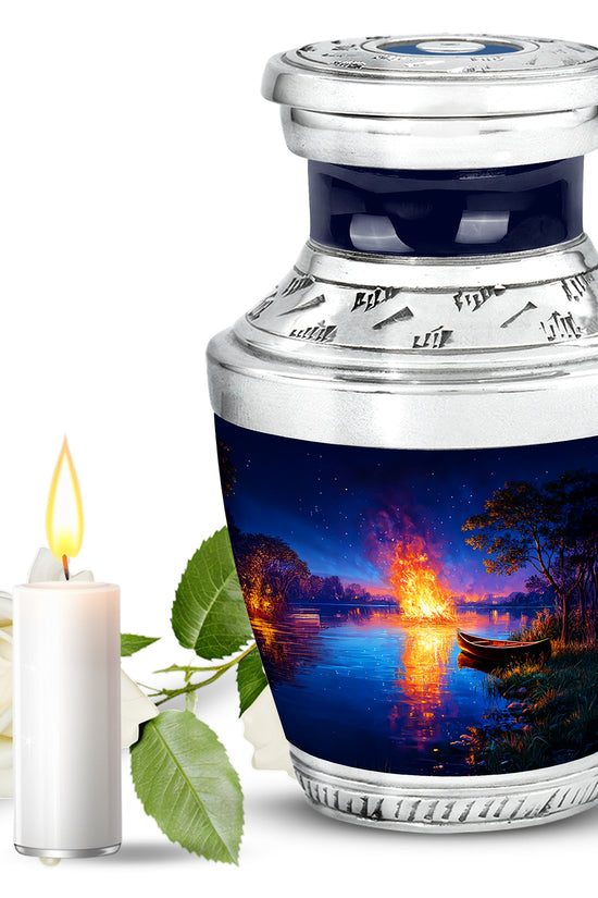 Personalized Blue Steadfast Campfire Cremation Urns for Human Ashes - 10-inch, 200 cu in - Karyliz