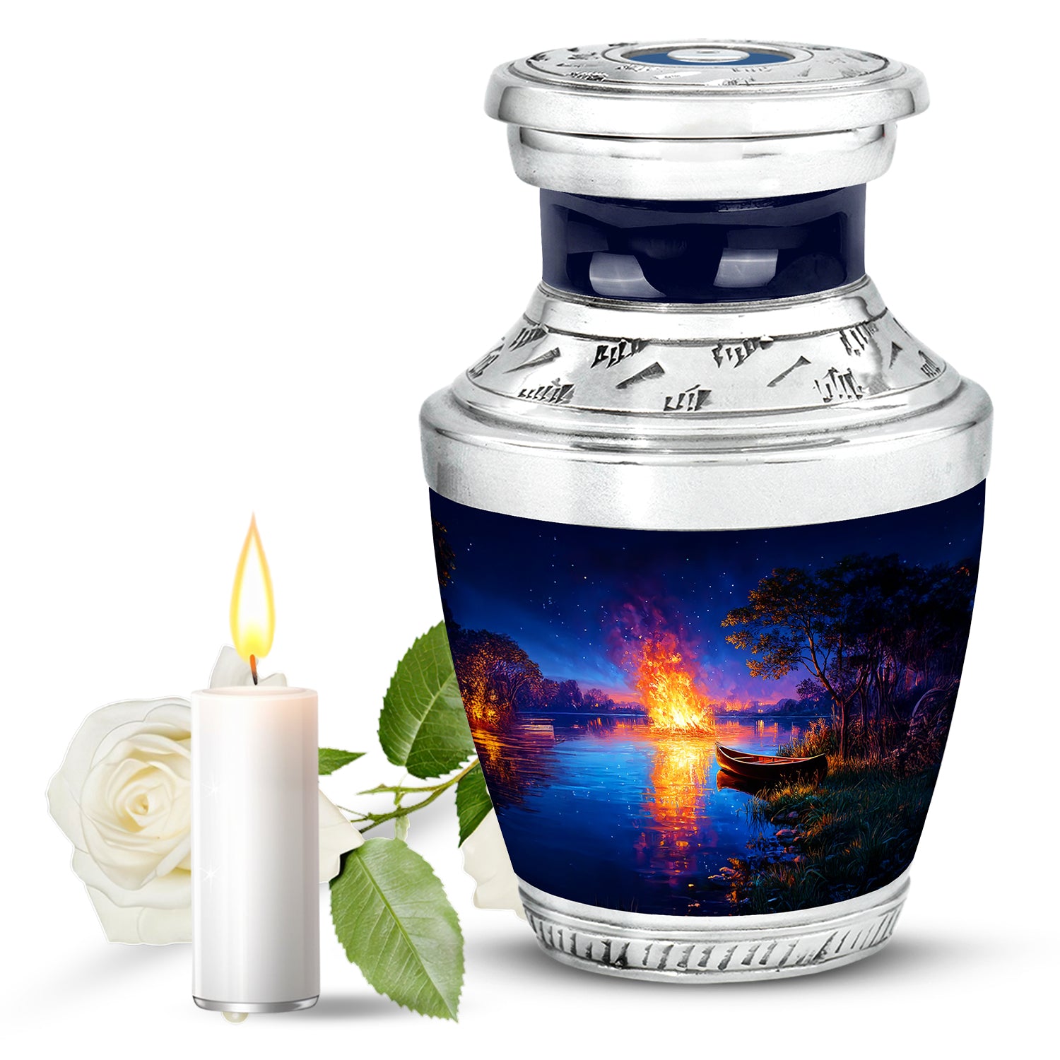 Personalized Blue Steadfast Campfire Cremation Urns for Human Ashes - 10-inch, 200 cu in - Karyliz