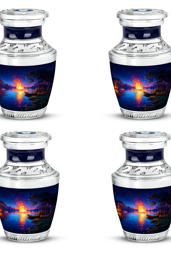 Indigo Campfire Cremation Urn back view with polished surface - contemporary campfire design with modern artistic flair - 10 inch aluminum urn for cremated remains